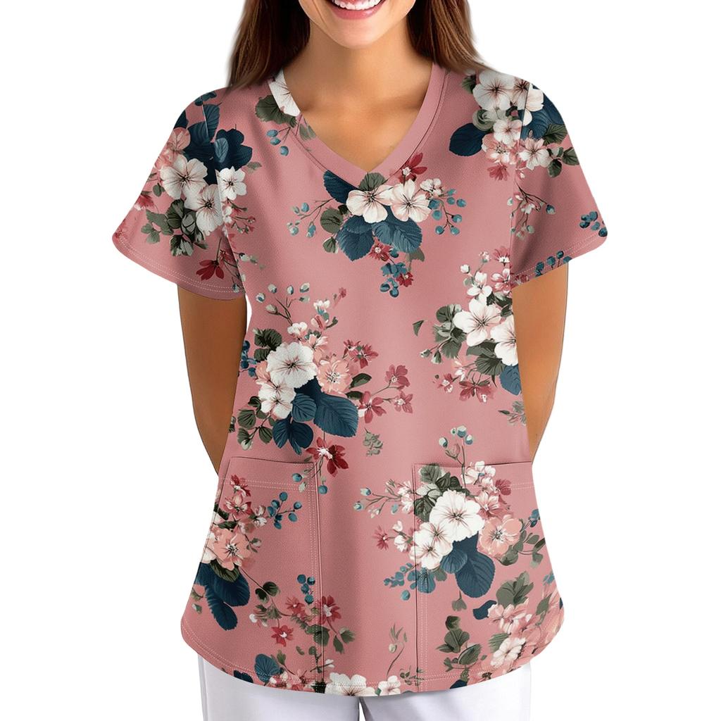Women's Floral Print Loose Fit V Neck Short Sleeve Medical Scrub Top with Pockets for Healthcare Professionals Lightweight Breathable Fabric