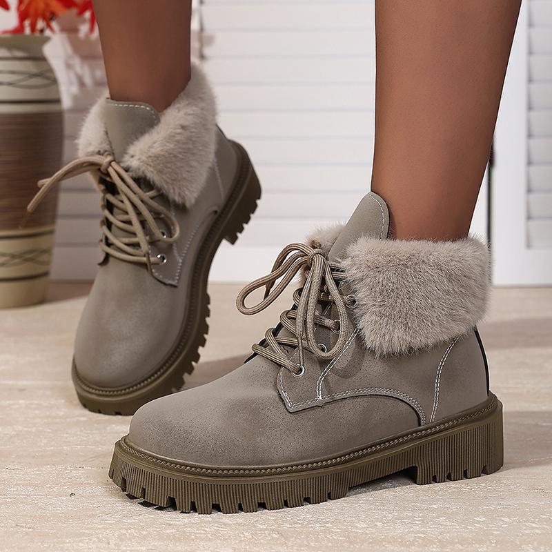 Fashion Faux Fur Lace-Up Ankle Boots for Women Autumn Winter Warm Plush Short Boots Woman Comfortable Anti Slip Cotton Padded Shoes 42