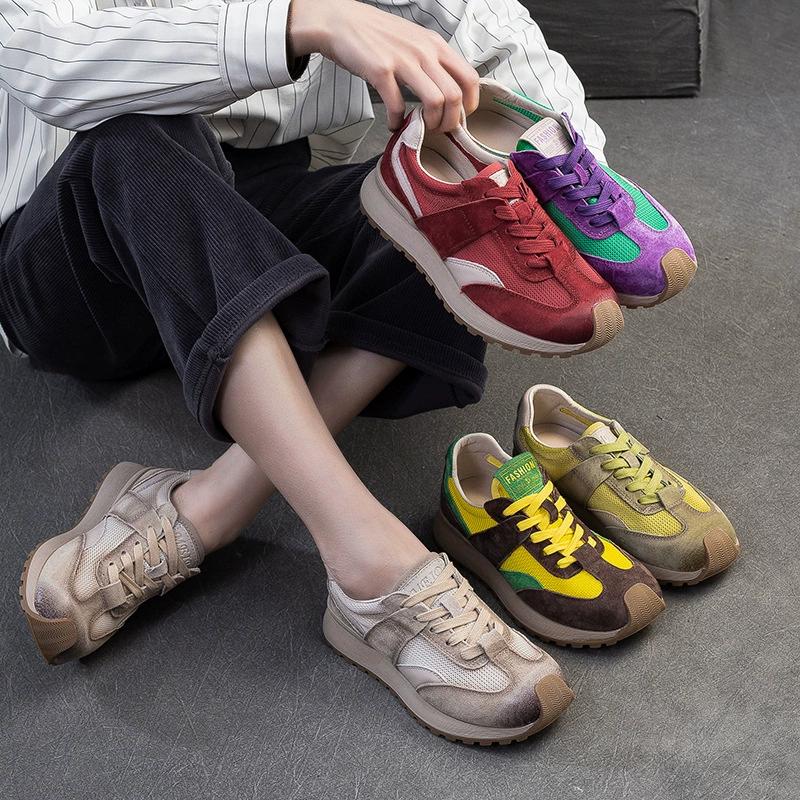 GKTINOO Genuine Leather Sneakers Women's Flat Shoes 2025 Spring/Summer New Breathable Mesh Lace-up Soft Sole Casual Sports Shoes