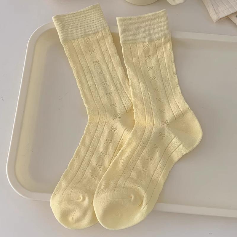 

Women s Spring and Summer Thin Bow Tied Pure Cotton Mesh Mid Calf Socks 1 pair