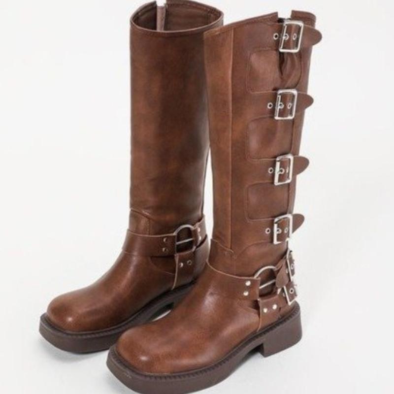Hot Selling Solid Color New High Quality Style Retro Western Boots Buckle Women's Boots Thick Sole Shoes Zapatos De Mujer