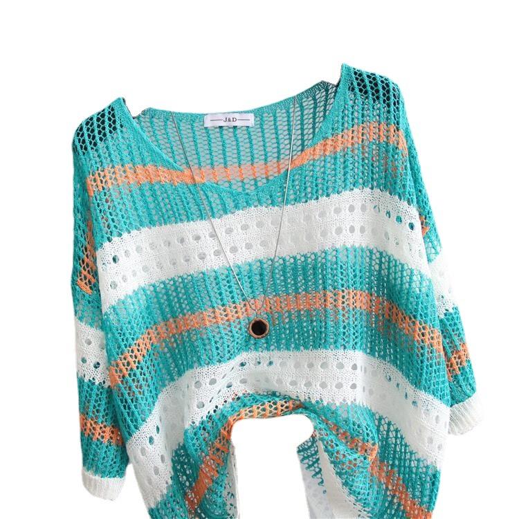 Women's Knitted Shirt Summer Sunscreen Air Conditioning Shirt Summer Women's Loose Retro Style Bottom Shirt Women