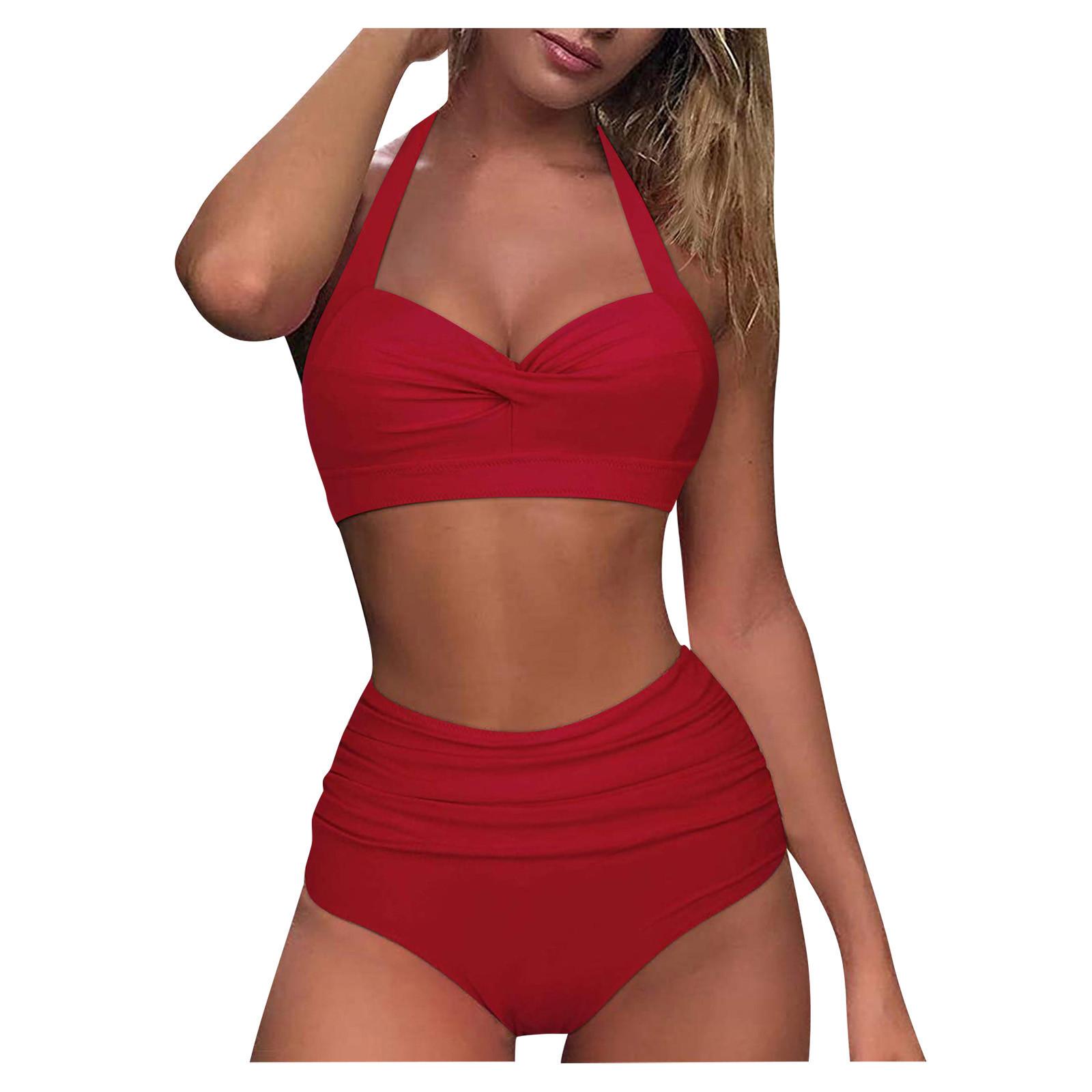 

Women Vintage Swimsuit Two Piece Retro Ruched High Waist Print Bikini Set S червоний