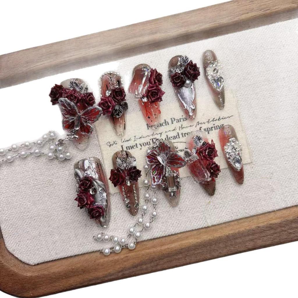 Dark Red 3D Butterfly Handcrafted Wearable Nails