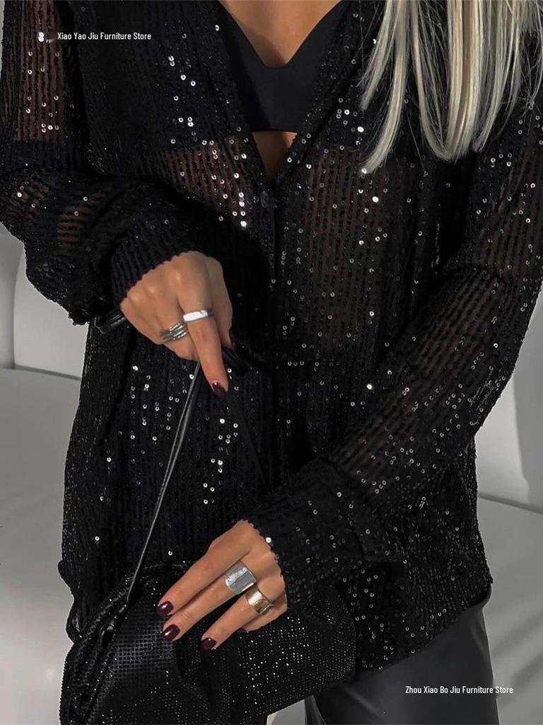 European Spring-Summer Sequin Lapel Cardigan: Women's Long Sleeve Shirt Jacket