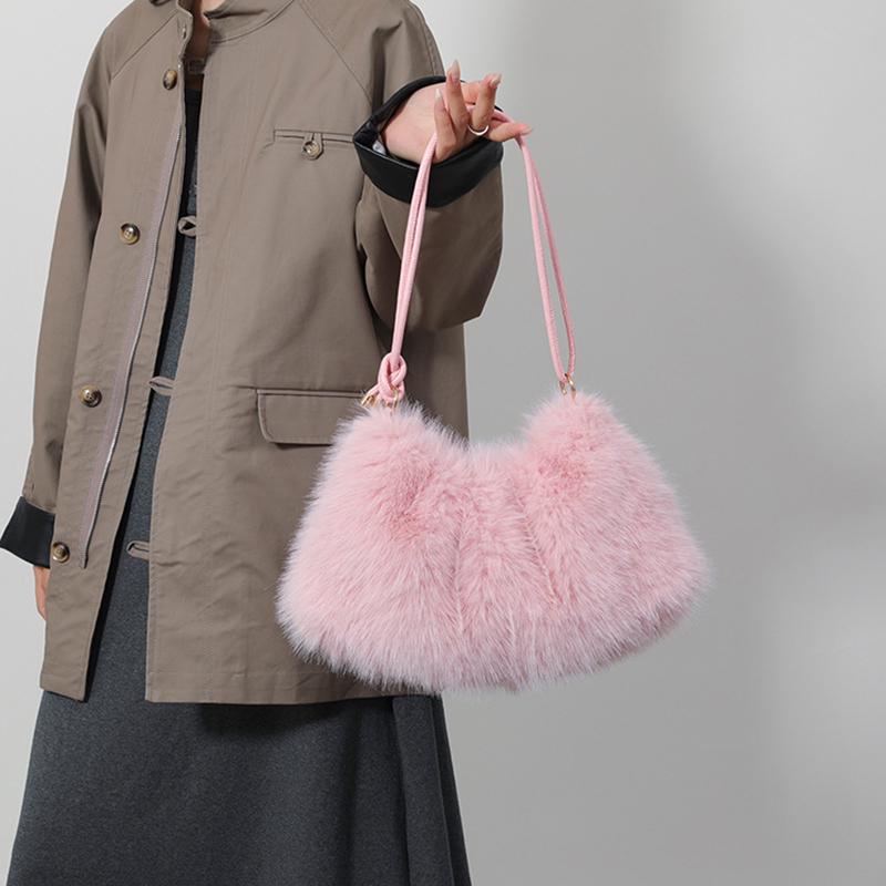 Winter Simple Faux Fur Shoulder Bags for Women Solid Color Ladies Soft Plush Handbags Large Capacity Female Tote Bag with Zipper