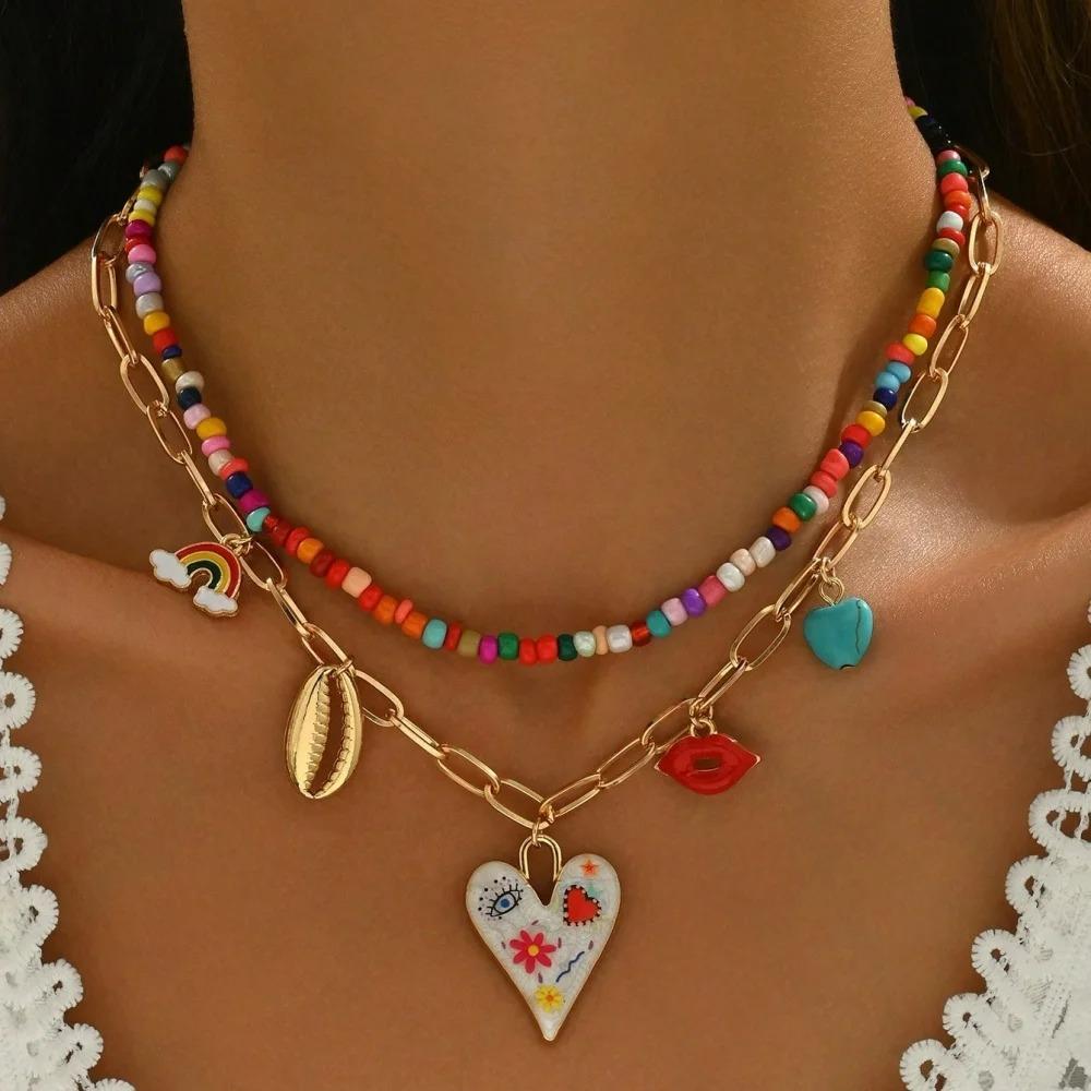 Bohemian Multilayer Handmade Beads Chain Necklaces Tassels Colorful Love Oil Drop Pendant Jewelry for Women Girl