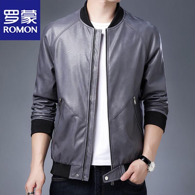 ROMON Men's Slim-fit Baseball Collar Faux Leather Jacket