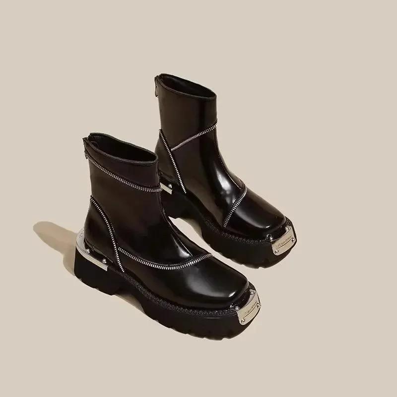2025 Shoes Female High Quality Zip Women's Boots Spring Round Toe Solid Short Barrel Mid Heel Water Proof British Boots Zapatos