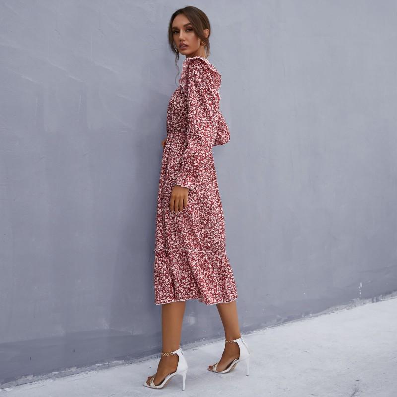 YYFS Dámská móda Květinový potisk Léto Jaro Dlouhý rukáv Čtvercový výstřih Vysoký pas Ležérní šaty