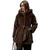 Womens Mid-Length Faux Mink Fur Coat With Hood Waist Tie Street Style Winter Outerwear