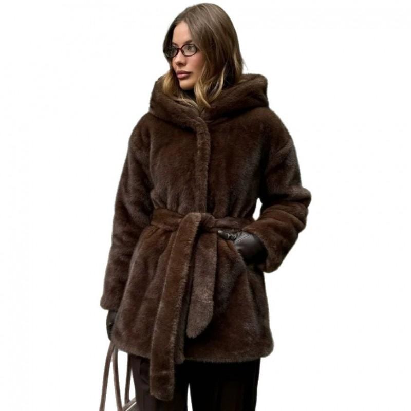 Womens Mid-Length Faux Mink Fur Coat With Hood Waist Tie Street Style Winter Outerwear