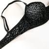 Set de lenjerie elegant pentru femei, cu imprimeu leopard negru flocat, transparent, cu sârmă și push-up, cu jartieră pentru picior