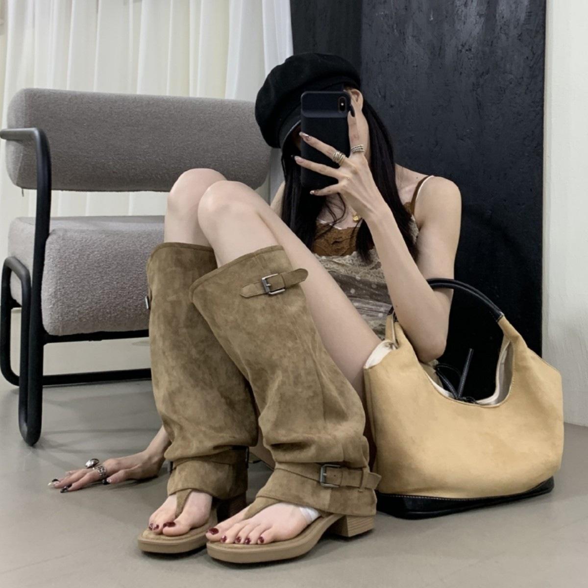 

Spot Open-Toed Flip-Flops Summer Cool Boots Square Head Flat Bottom Inner Heightening Pile Boots Western Cowboy Boots 39