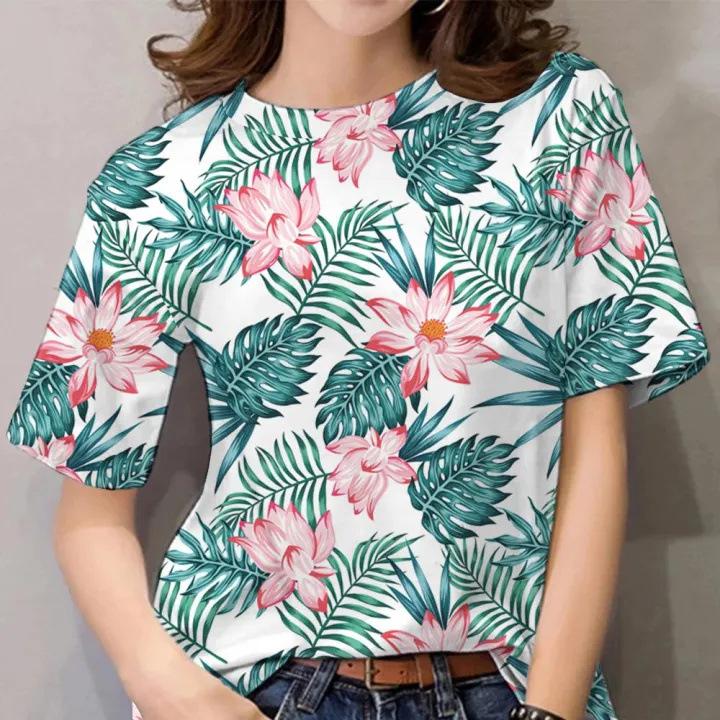 Fashion Flower Printed Top Casual Loose Short Sleeve Crew Neck T-Shirts Women’s S
