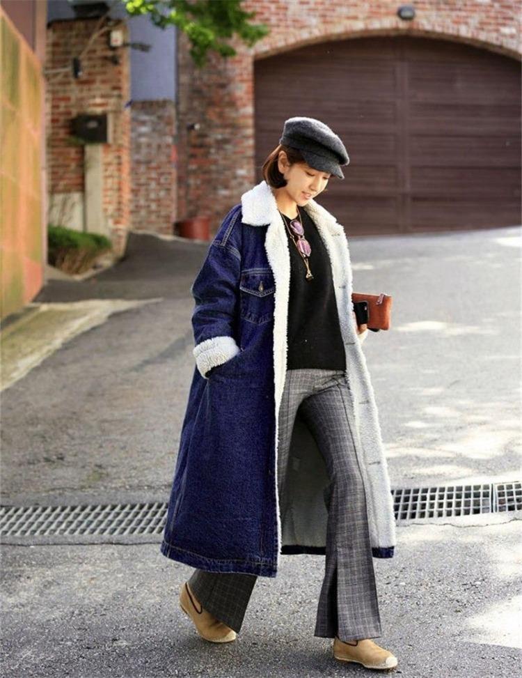 

Winter Long Trench Coat for Women Thick Lamb Velvet Denim Single Breasted Design Winter Coats S синий