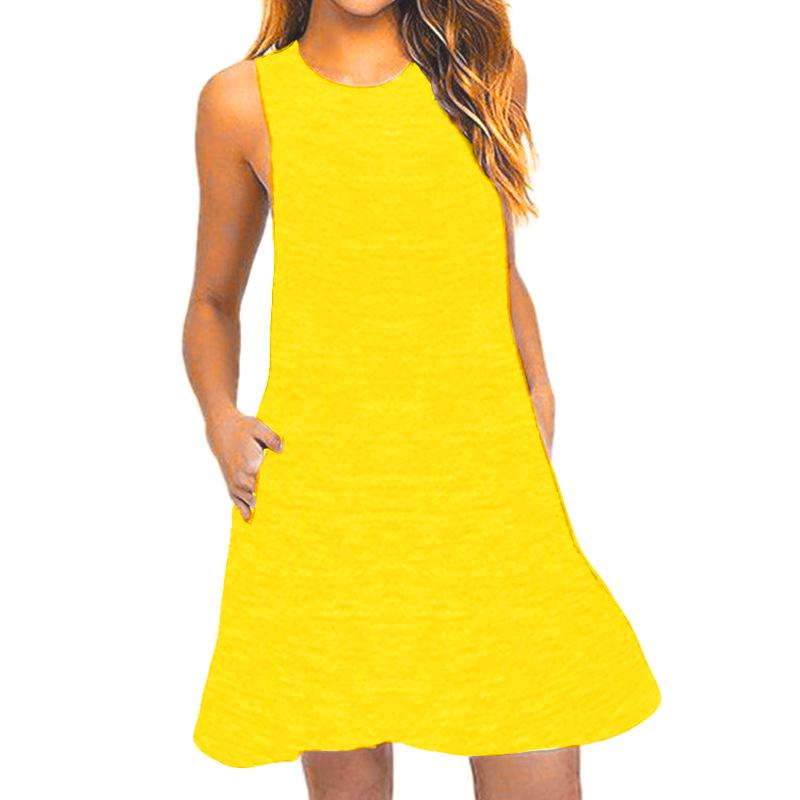 Women's Summer Casual Sleeveless Tank Dress, Solid Color Loose Round Neck Swing Mini Dress with Pockets Beach Vacation Daily Wear Dress