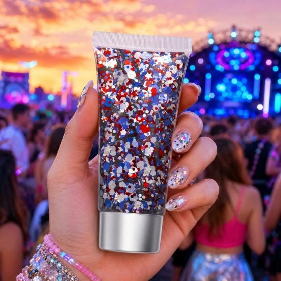 Independence Day Body Glitter Gel, Patriotic Red White Blue Face Hair Glitter, Waterproof Sparkling Makeup Sequins for 4th of July, Holiday Party