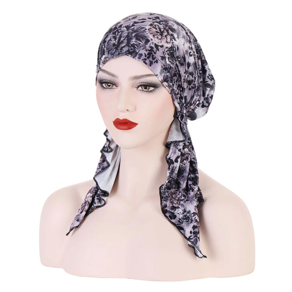 New Muslim Inner Hijab Turban Women Pre-Tied Cap Long Tail Headscarf Wrap Beanies Bonnet Head Scarf Stretch Headwear Ninja Hat