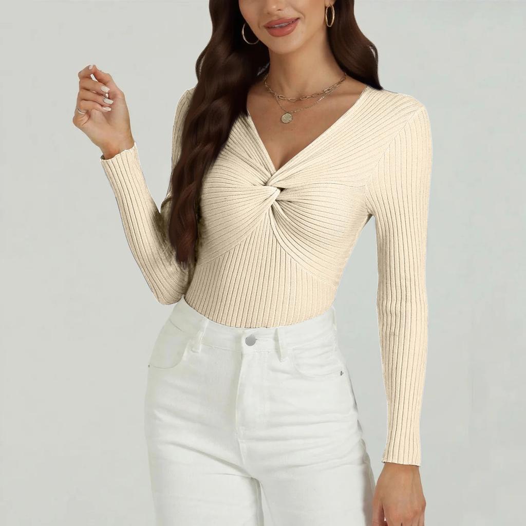 Women's Fashion Twisted V-Neck Slim T-Shirt Long Sleeve Pullover Solid Colour Top