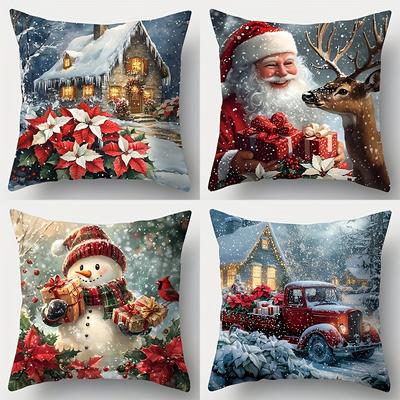 Festive Christmas Throw Pillow Covers Santa, Reindeer, Snowman & Holiday Decor Cushion Cover Zip Closure Christmas Pillowcase