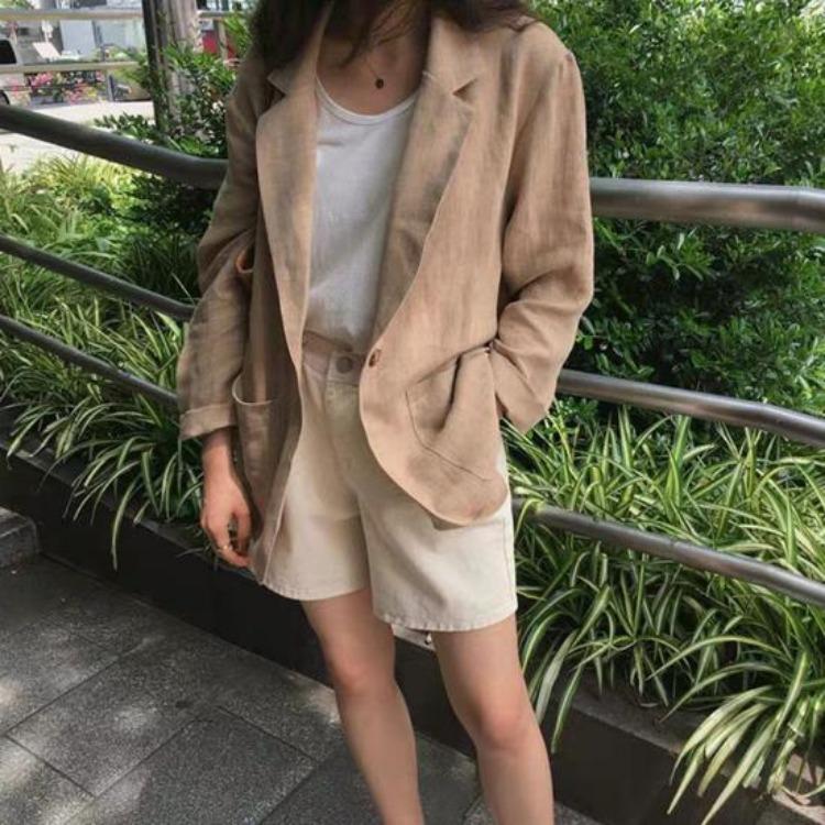 Women Casual Cotton Linen Blazer Jacket Long Sleeve OL Work Coat Suit for Spring Summer One Button Casual Office Wear