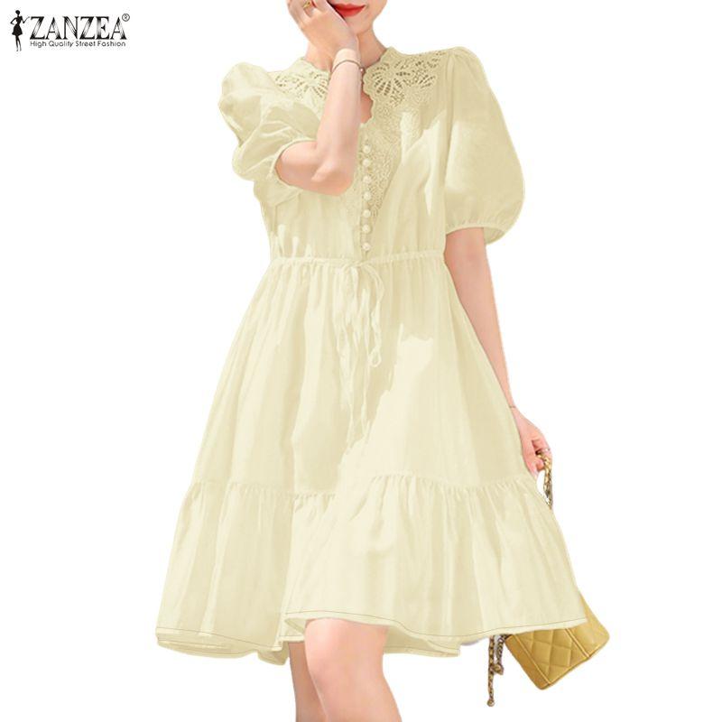 ZANZEA Women Lace Crochet Splice V-Neck Casual Short Sleeve Dress