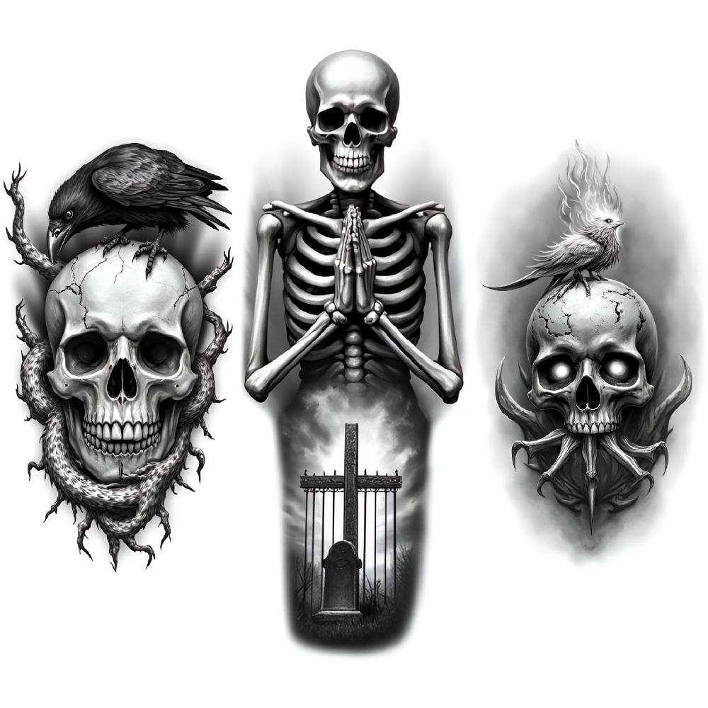 3pcs Temporary Tattoo Black And Grey Realism Demon Bat Skull Skull With Cat Skull With Eagle And Snake For Arms Thighs