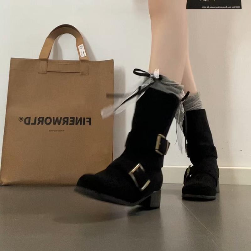 Fashion Tribe Spice Girls But Knee Round Head Knight Boots Women's 2025 Autumn and Winter New Versatile Medium Boots Fashion Boots Tide