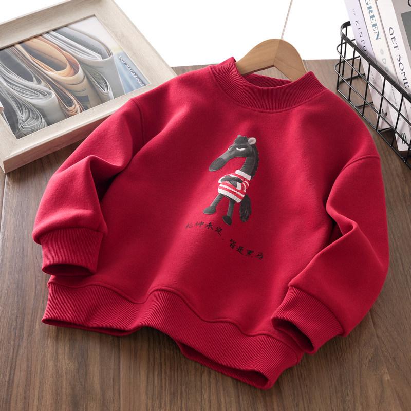 Boys' Red Fleece-Lined Winter Hoodie 2025 - Stylish Year of the Horse Top for Middle and Big Kids.