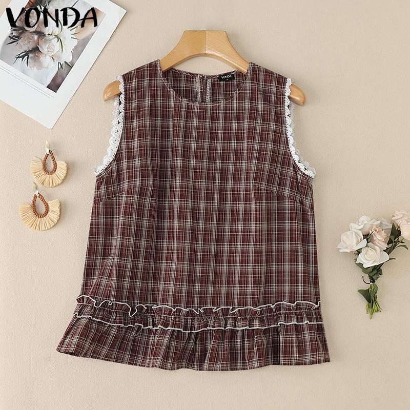 

VONDA Винтажные женские повседневные топы без рукавов с кружевной отделкой и клетчатым принтом 5XL
