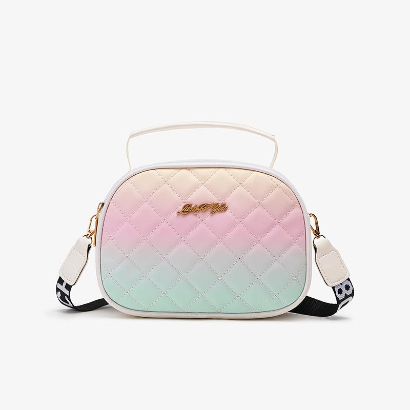 

Double zipper design rhombus embroidered handbag letter wide shoulder strap shoulder messenger bag rainbow gradual change color mobile phone bag рожевий