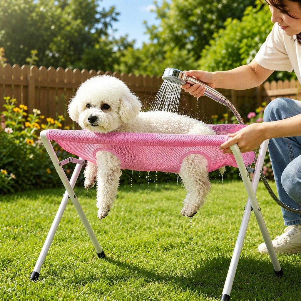 Hamaca colgante multifuncional para el cuidado de mascotas con arnés y estructura de soporte.