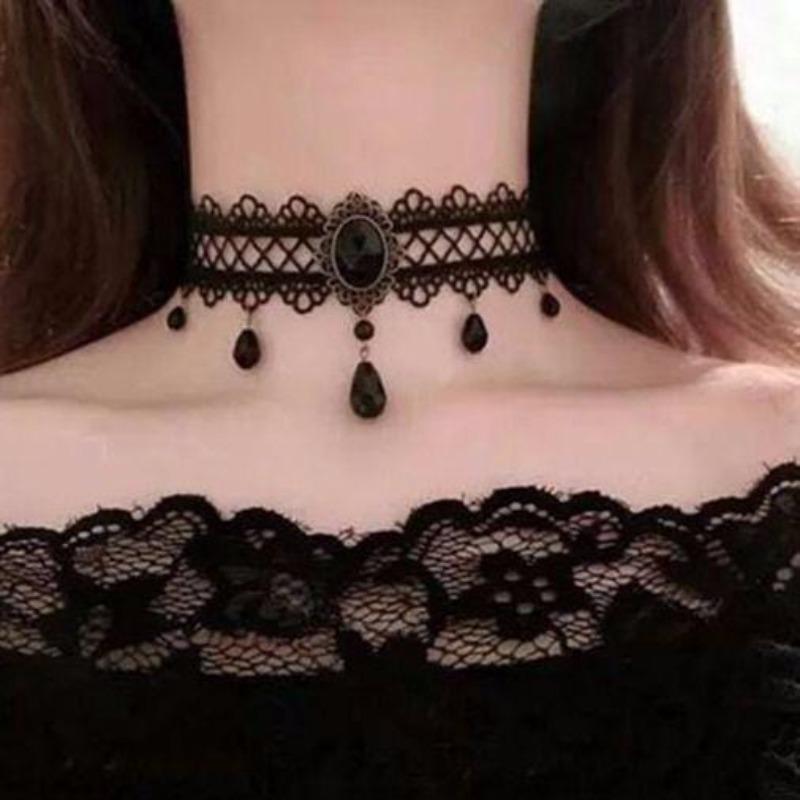Black lace necklace Gothic lace necklace crystal pendant Halloween cosplay party diamond necklace women's jewelry