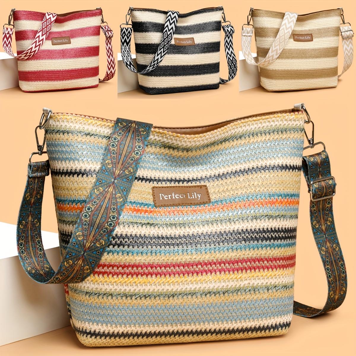 Women s Bohemian Woven Straw-Design Handbag Lightweight Spacious Crossbody Tote Vacation Tote Bag Beach Carryall Stylish Striped Pattern чёрный 1366₽