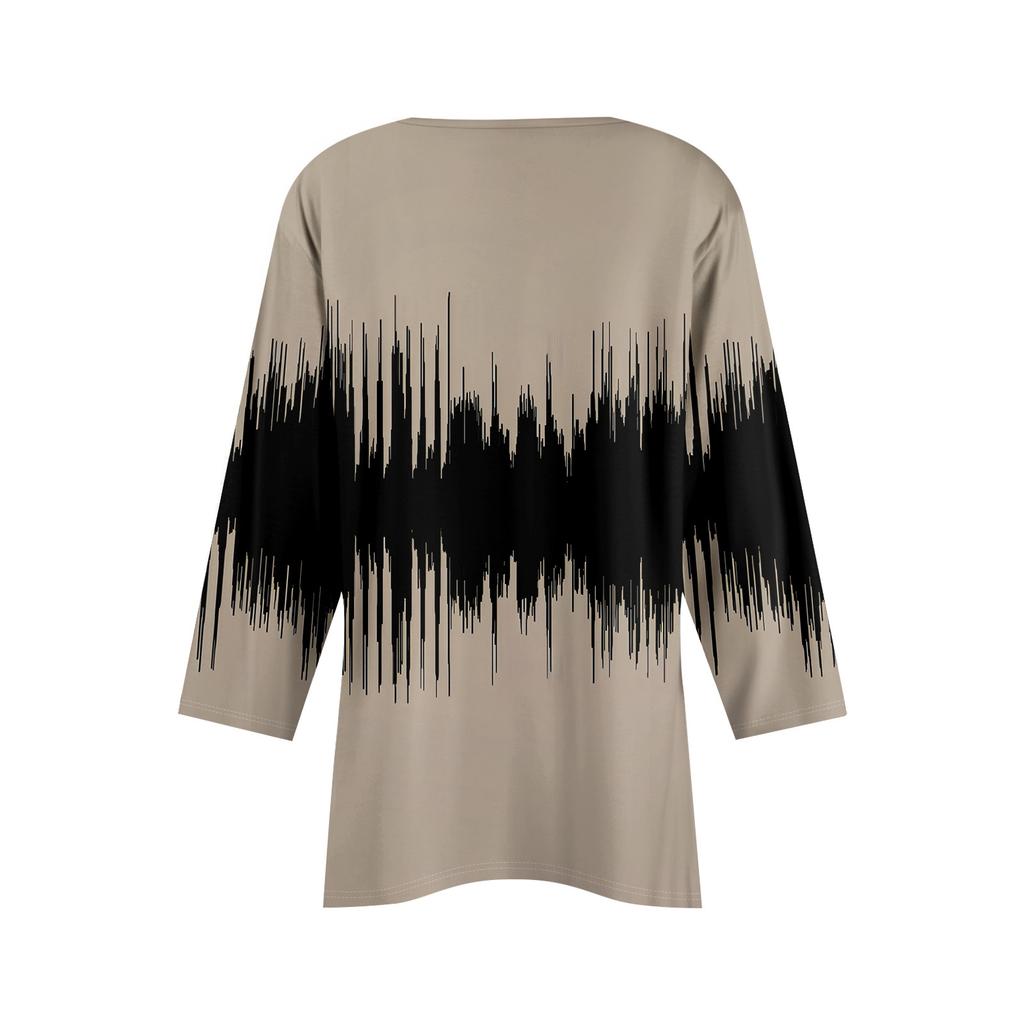 Women 3/4 Sleeve Tunic Prints Tops For  Loose Fit Casual Blouses V Neck T Shirts With Asymmetrical Hem