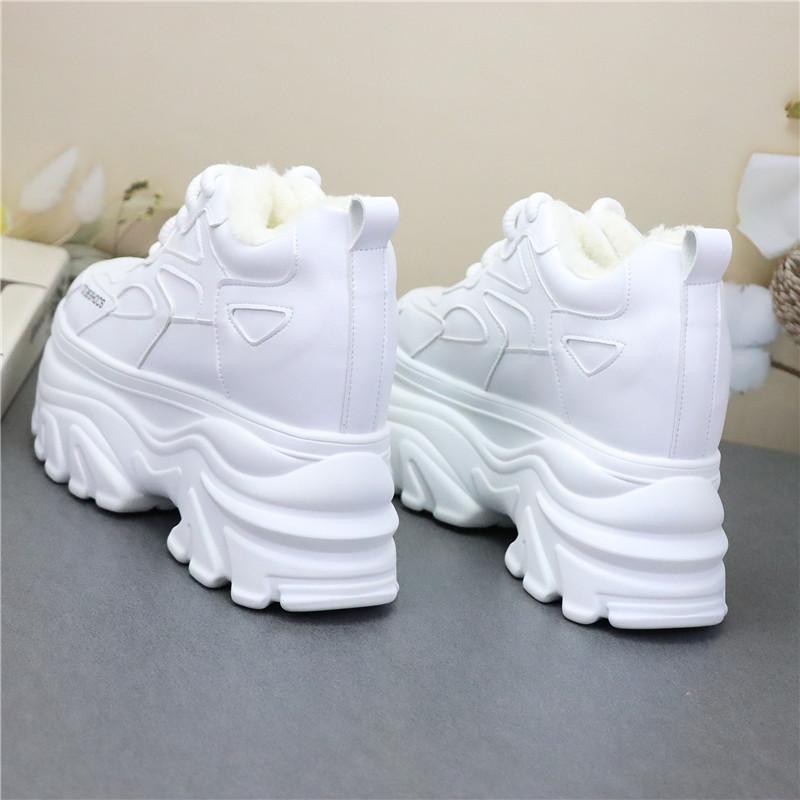 Fashion 12CM Genuine Leather Vulcanize Fashion Thick Bottom Women Chunky Sneakers Platform Wedge Causal Winter Plush Autumn Shoes