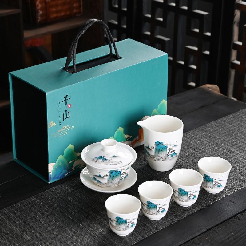 Dehua Suet Jade Porcelain Kung Fu Tea Set Gift Box, Thousands of Miles of Jiangshan, the Whole Set of Activities Accompanied by Hand Gifts