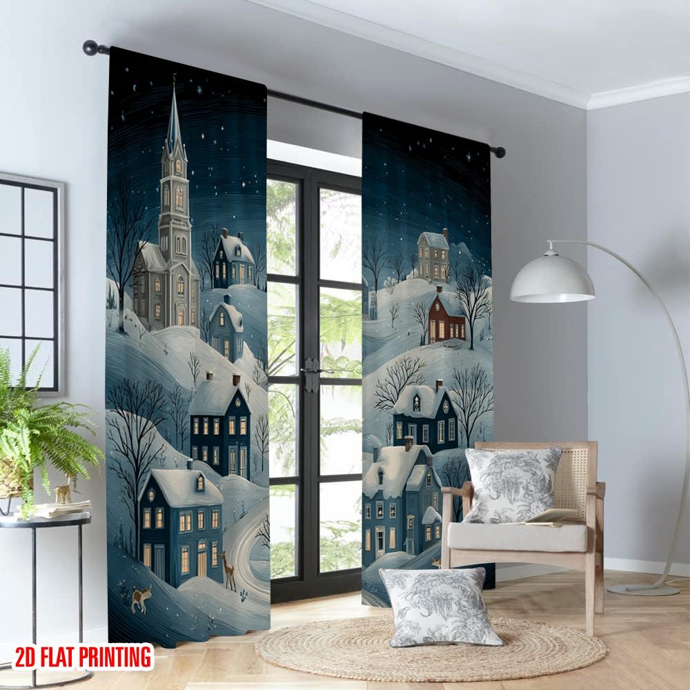 2pcs 2D Flat Printing Christmas Classic Hot Curtains Cozy Winter Village Snowscape Digital Printed Polyester Drapes Family Party