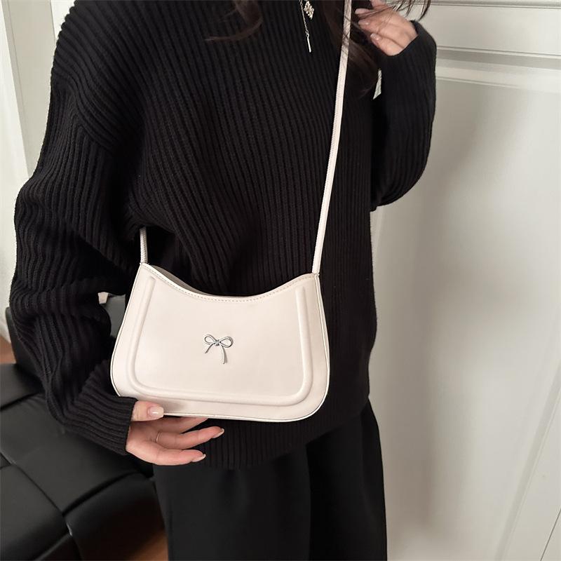 Versatile Solid Color Bow PU Shoulder Underarm Bags for Women Casual Ladies Adjustable Crossbody Bag Portable Female Handbags