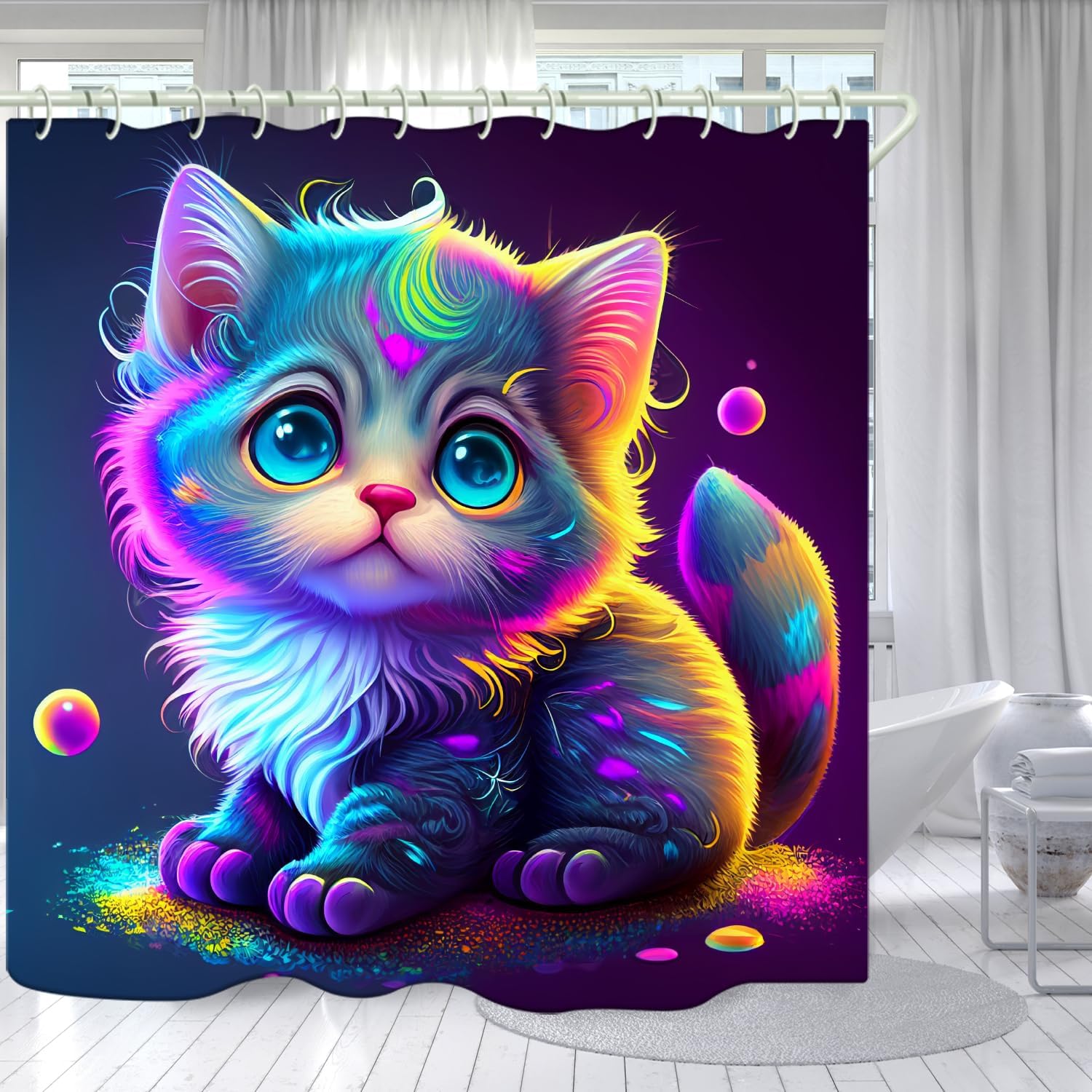 

Bathroom With Colorful Cat 3D Shower Curtain, Deluxe Bathtub Standard Shower Curtain, Waterproof And Bright Fabric Shower Curtai W60H190(CM)-1 Pcs