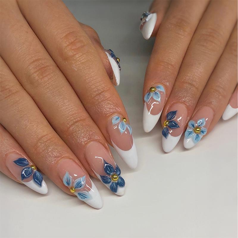 

High-End French Embossed Floral Press-On Nails with Gold Beads Women s Nail Art