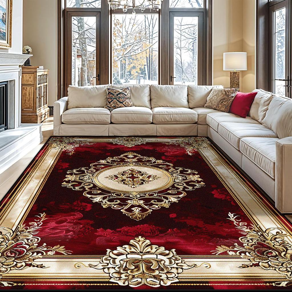 European Red Golden Large Area Rugs Living Room Decoration Home Sofa Area Carpet Gorgeous Bedroom Non-slip Floor Mat Washable