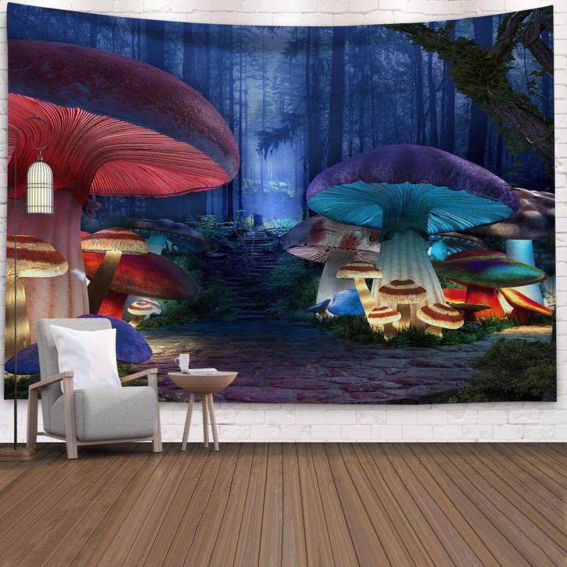 Mushroom Forest Tapestry, Peach Skin Velvet Background Fabric, Polyester Digital Printing Wall Carpet, Room Decoration Hanging Fabric
