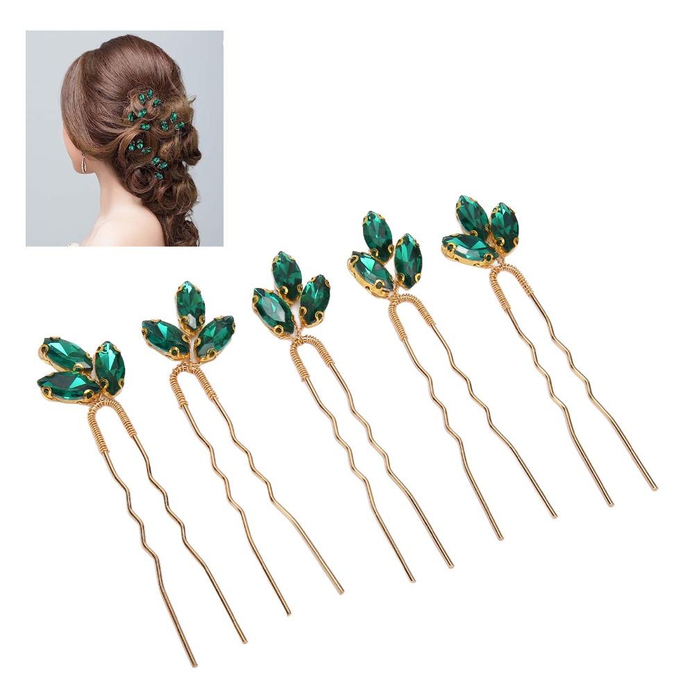 5pcs Vintage Design Wedding Hair Piece Green Rhinestone Hair Jewelry Rhinestone Hair Pin Bride