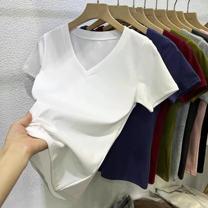 Solid Color V Neck Short Sleeve Slim Fit T-Shirt Basic Casual Top