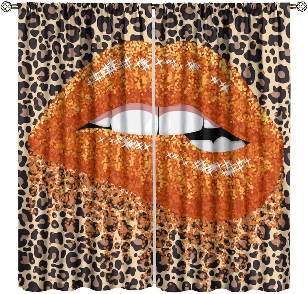 Glitter Lips Decor Window Curtains Red Sequins Sparkling Black White Leopard Zebra Home Kitchen Livingroom Coffee Room Window