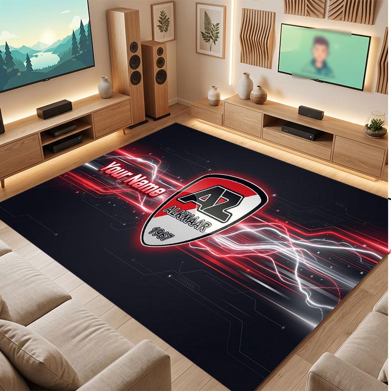 AZ Alkmaar Custom Crystal Velvet Rug, Personalized Name Text Print, Football Logo Soft Non‑Slip Floor Mat Home Decor Gift