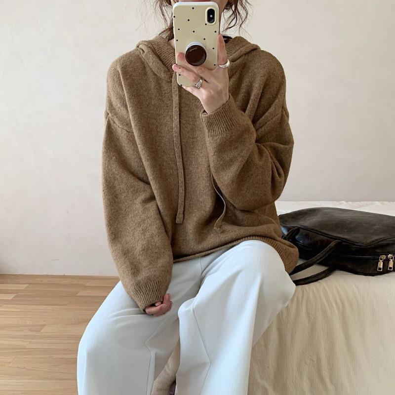 Solid Color Pullover Hoodie Sweater Women's Autumn and Winter New Retro Loose and Thin Lazy Style Knitted Sweater Jacket