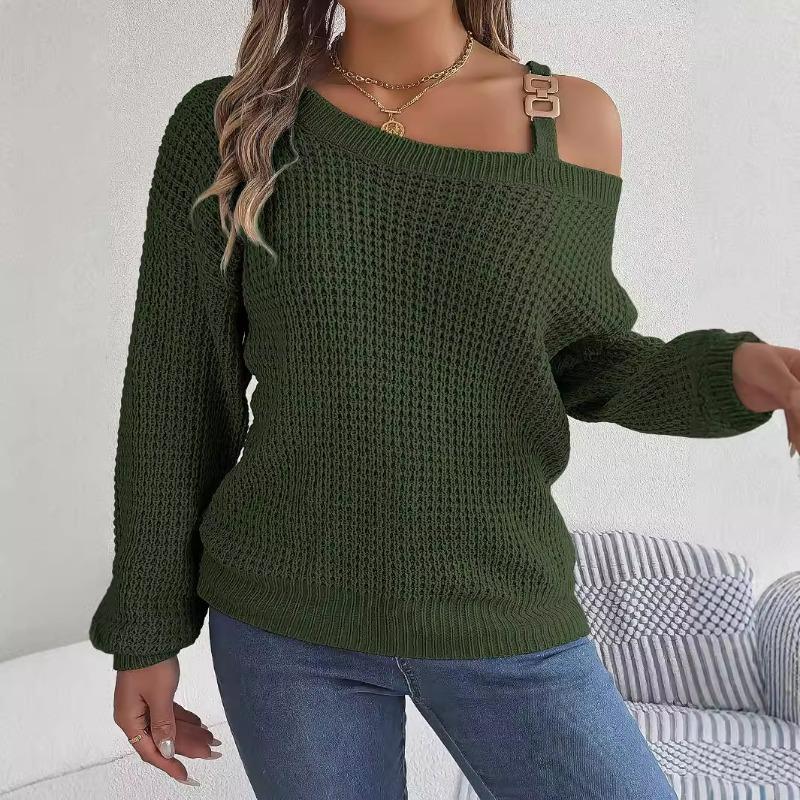 Autumn Winter Casual Metal Buckle Splicing Off-the-shoulder Pullover Sweater Fashion Elegant Lantern Long Sleeve Casual Simple Women Sweater Clothing